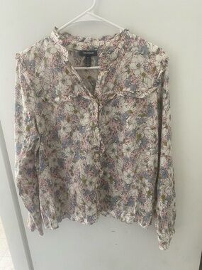 Floral Ruffle Neck Long-Sleeve Blouse - White/Pastel